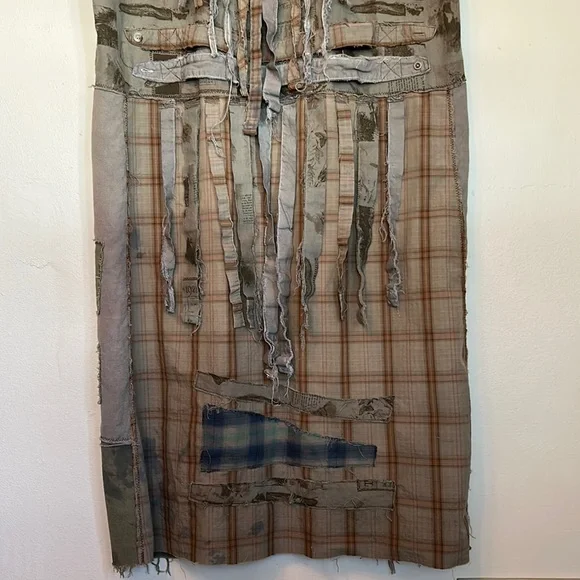 Upcycled patched over dyed fringe back sportsmen’s fish print plaid duster shirt